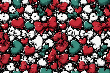 Cute red and green cartoon ornaments with bows and hearts, seamless black and white pattern