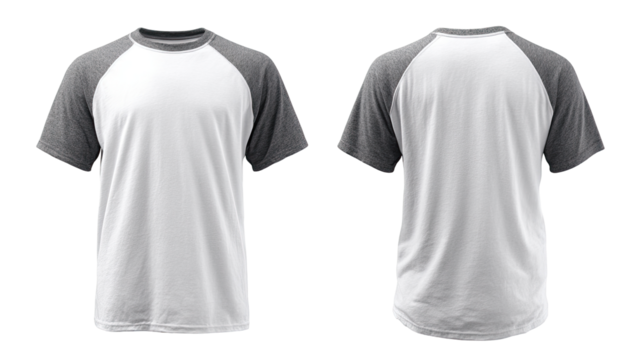 Blank white T-shirt with gray raglan sleeves, front and back views