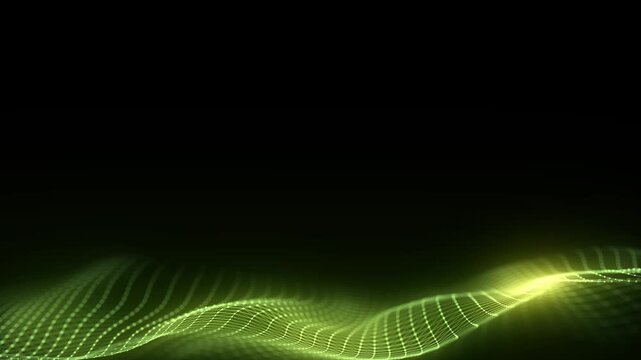 Glowing green wave with motion dots and lines. Abstract digital background. Concept connection big data. Futuristic technology backdrop. 3D rendering. - Powered by Adobe