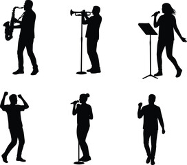 Silhouette musicians and performers playing instruments, singing, dancing with microphones and music stands, entertainment vector set for performing arts scenes