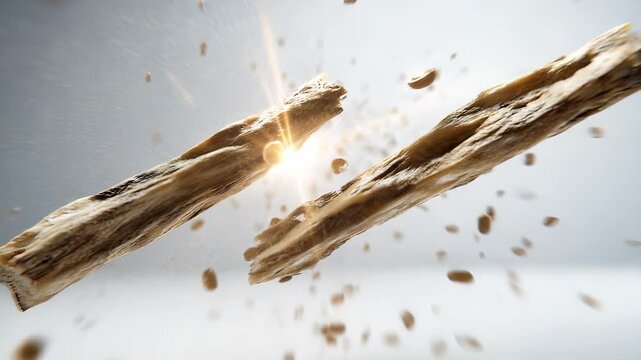 The wooden pieces collide dramatically with wooden splinters flying around the wooden scene. Light reflects off the wooden texture, highlighting the details and wooden fragments.