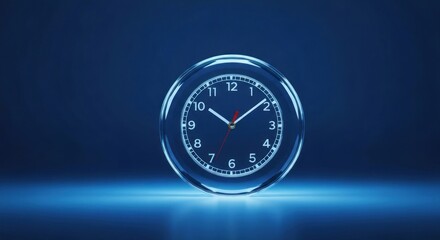 Luminous blue clock face with red second hand reflects on dark blue glowing surface