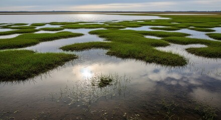 Naklejka premium Lush green grass islands in a marsh, reflecting sun and clouds under a bright sky