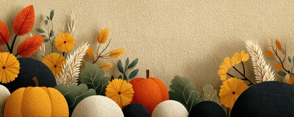 Textured autumn floral composition with pumpkins, leaves, and warm seasonal colors