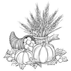 Cornucopia with wheat and pumpkins, simple line art, coloring page
