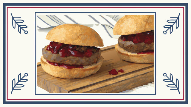 Delicious Mini Burgers with Cranberry Sauce on Wooden Board.