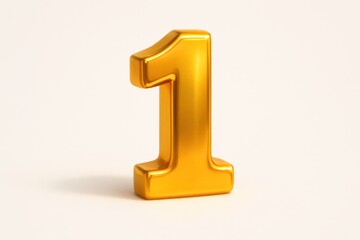 Metallic gold three-dimensional number one, casting a shadow on a bright background