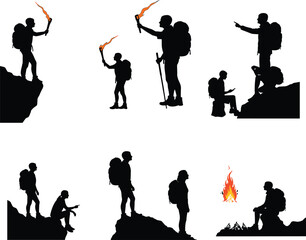 Silhouette illustration of hikers and campers exploring mountains, holding torches, lighting campfire, and enjoying outdoor adventure travel and nature exploration concept vector