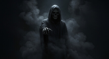 Mysterious hooded figure with skeletal hand reaching out from swirling smoke, evoking fear and the unknown.