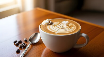 Close-up of a delicious latte art coffee in a white cup with a silver spoon and roasted beans on a glossy wooden table in a cafe with sunlight from the window.