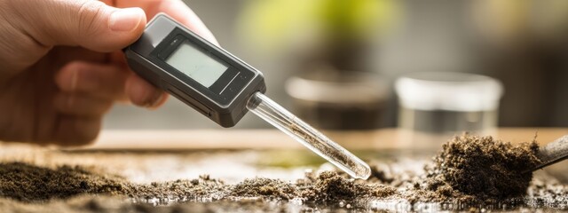 Close-up of a lab assistant submerging an electrode of a portable EC/TDS meter into wet soil