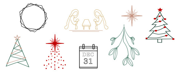 Christmas Vector Icons Set | Hand Drawn Winter Wreaths Elements Collection.