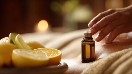 Close-up of a hand gently massaging with essential oil, next to limes and aromatherapy candles