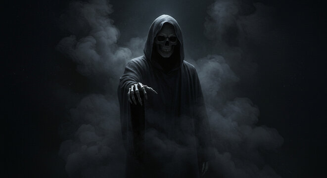 Mysterious hooded figure with skeletal hand reaching out from swirling smoke, evoking fear and the unknown.
