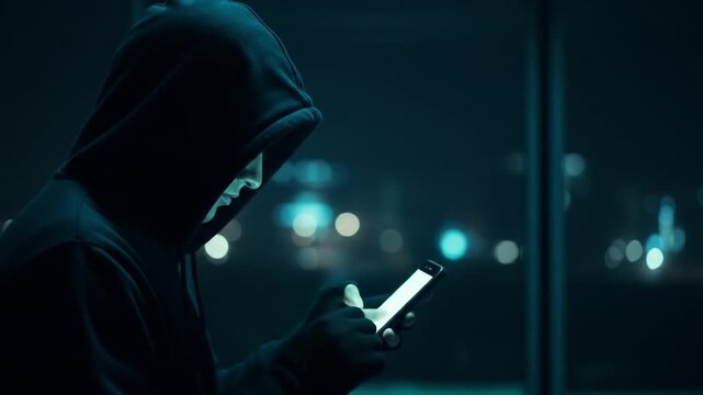 Hooded Figure Using a Mobile Phone at Night with Illuminated City Skyline