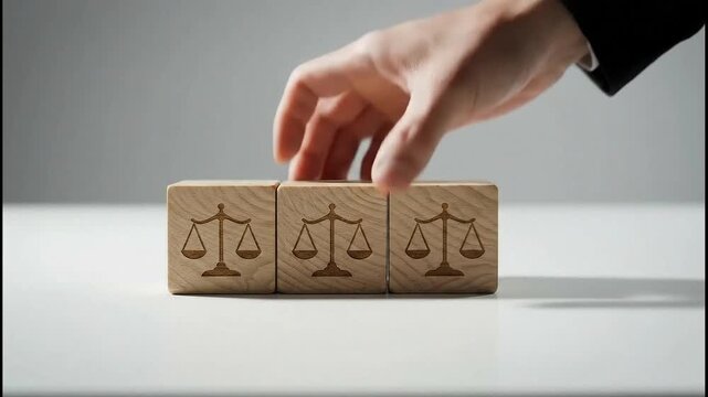 Hand Arranging Wooden Blocks Depicting Justice and Fairness Concepts.