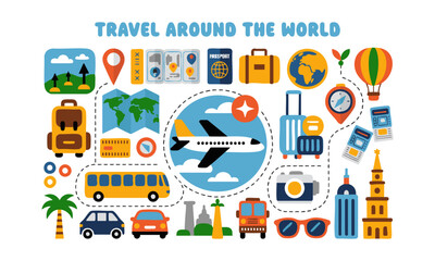 Fototapeta premium Around the World Icon Set – Air, Road & Rail Transport with Map & Globe – Black Minimal Vector, travell elements, easily editable.