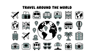 Tourism Map & Navigation Icons – Globe, Route, GPS & Guidebook – Black Minimal Vector on White, travel elements, easily editable.