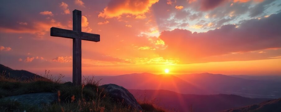 A tranquil scene depicting a rustic wooden cross standing tall against a vibrant sunset, symbolizing faith, hope, and the beauty of nature's creation , jesus, religion, church