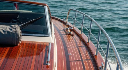 Polished wooden boat deck with chrome rail cutting through sparkling blue water