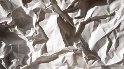 Crumpled white paper with intricate textures and folds, highlighted by dynamic shadows and light interplay,