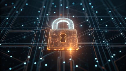 A digital padlock icon surrounded by interconnected circuits, symbolizing cybersecurity and data protection in a modern technological environment.