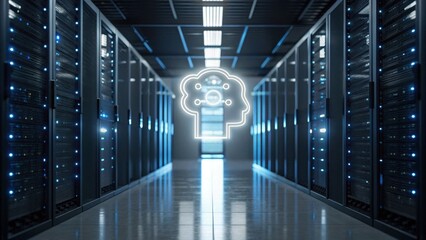 A futuristic server room featuring rows of data servers with illuminated blue lights and a digital brain graphic at the end of the corridor.