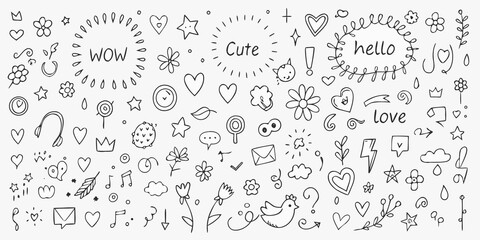 A collection of cute hand drawn doodle elements including hearts flowers stars and words like wow cute and love