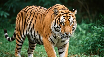 Obraz premium Powerful, majestic striped tiger walks intently through dense green jungle foliage