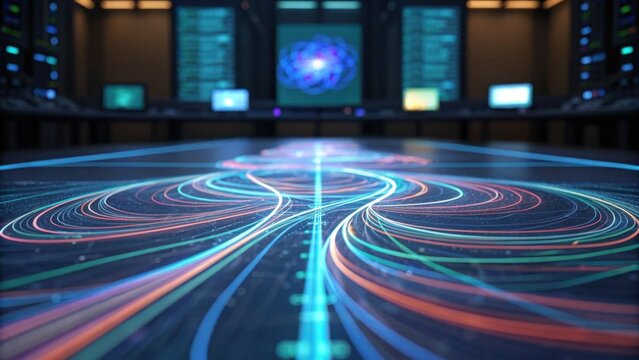 A vibrant, abstract representation of data flow in a high-tech environment, emphasizing intricate patterns and illuminated pathways.