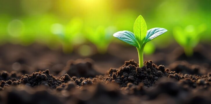 Fototapeta A vibrant close-up of freshly planted seedlings emerging from rich soil, sunlight illuminating new growth Perfect for gardening, spring, and nature themes , rural, new life, shoots