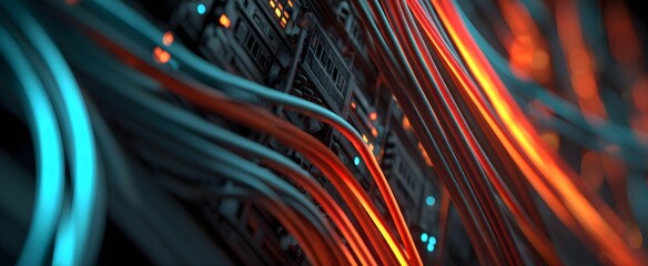 Ethernet cables twist like glowing veins linking sleek black and gray servers in a moody data center.