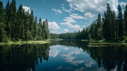 Fototapeta premium Scenic lake mirroring towering pine forest reflecting clouds and blue sky displaying a serene and tranquil natural beauty offering peace and quiet in the great outdoors