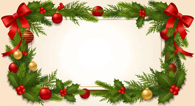 Festive Christmas Wreath Frame with Ornaments, Bows, and Berries for Holiday Greetings