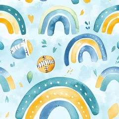 A watercolor painting of a rainbow with a baseball and a football in the middle. The painting has a playful and colorful mood © StasySin