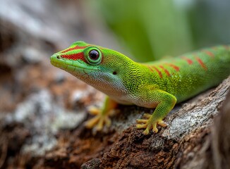 Fototapeta premium Vibrant green gecko with striking red stripes, a captivating reptile portrait perfect for nature enthusiasts and educational materials