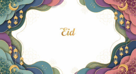 Beautifully crafted Eid greeting card design with flowing wavy patterns and subtle Islamic crescent moon and lantern motifs
