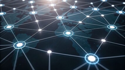 A digital network map showcasing interconnected nodes over a dark world map background, symbolizing global connectivity and information flow.