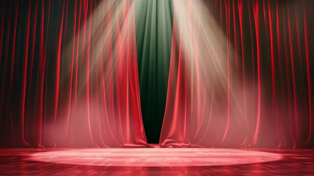 A red curtain with a spotlight shining on it, creating a dramatic effect. The curtain is made of a rich, deep red fabric that contrasts beautifully with the white light
