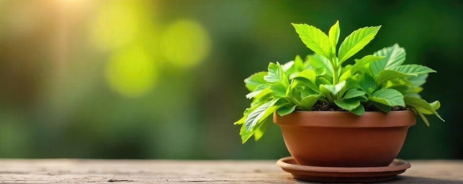 Fototapeta A vibrant green plant thrives in a rustic terracotta flowerpot, its lush leaves reaching towards the sunlight Perfect for home decor, gardening, and spring themes , closeup, greenery, pot plant