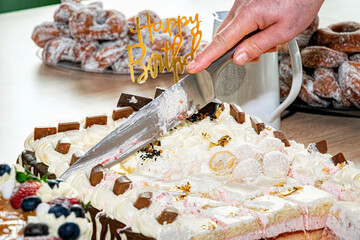 Cutting a birthday cake. Birthday party