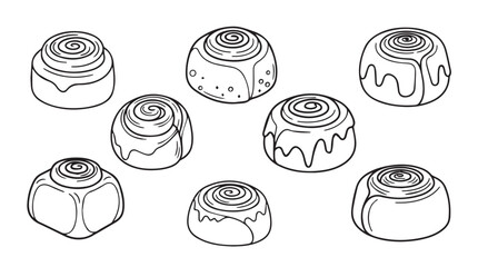 Hand drawn cinnamon rolls arrangement sweet baked pastry delicacy sketch isolated vector
