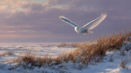 Snowy owl glides quietly over icy tundra as frosty dawn light softly glimmers.