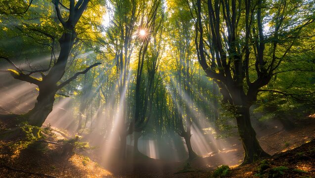 Sunbeams stream through a lush green forest canopy creating a magical atmosphere