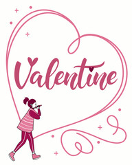Pink typography with thin line heart frame, simple elegant vector for modern Valentine greeting.
