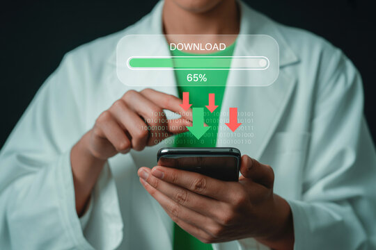 Downloading files on smartphone concept person using mobile phone for data transfer and app installation