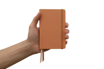 person holding a brown notebook. Isolated on transparent background, png