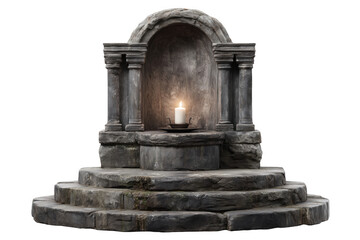 Ancient stone altar with glowing candle architecture isolated on a transparent background