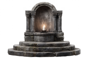 Ancient stone altar with glowing candle architecture isolated on a transparent background