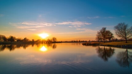 Obraz premium Serene natural scene with a lake reflecting the sunset, calm waters, golden hues, peaceful atmosphere, vibrant colors,